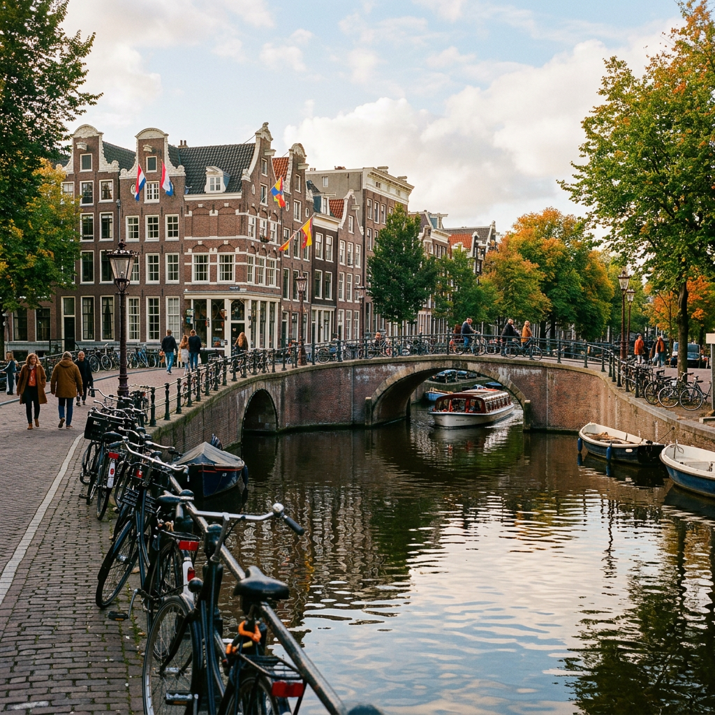 Amsterdam canal with bicycles, boats, historic buildings, and autumn trees