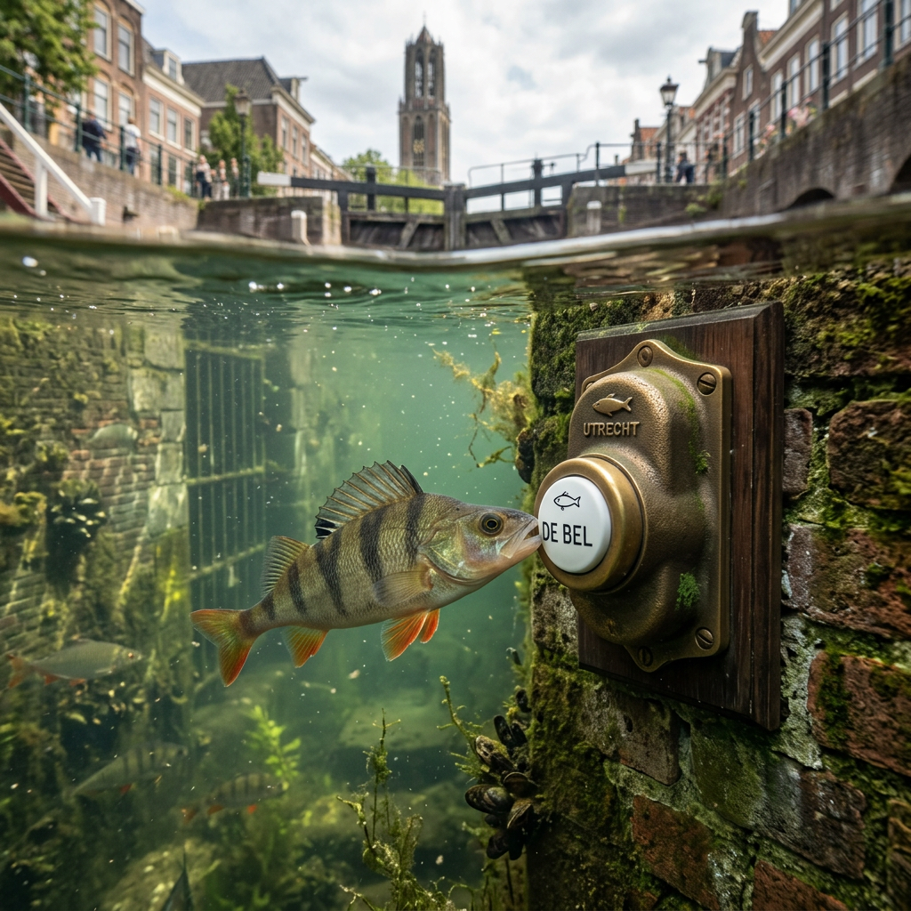 Fish beside underwater bell labeled Utrecht and De Bel in canal