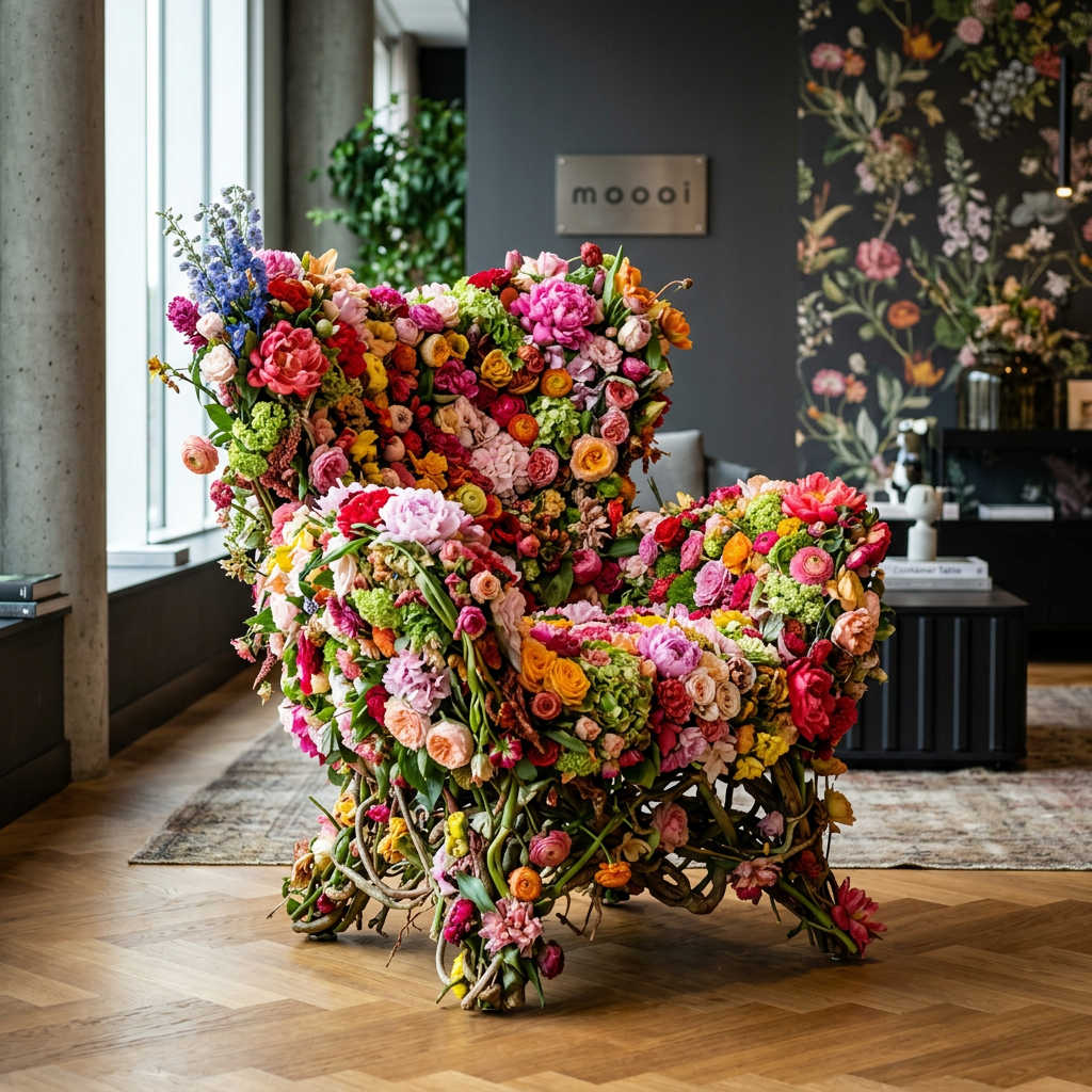 Armchair covered in colorful flowers inside a modern room